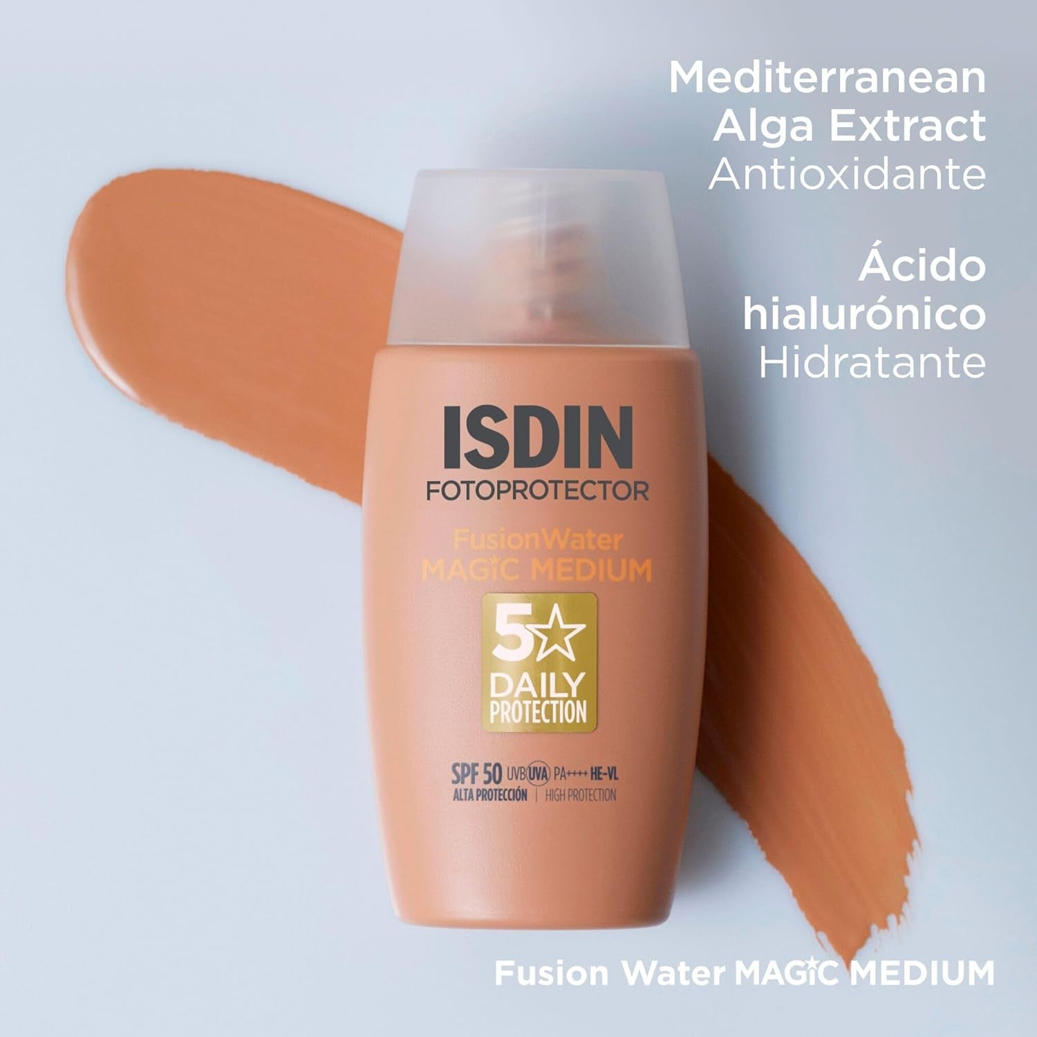 ISDIN Fusion Water Magic Color SPF 50, Protector Solar Facial De Uso Diario Ultraligero Con Color, 3 Tonos Disponibles, 50Ml