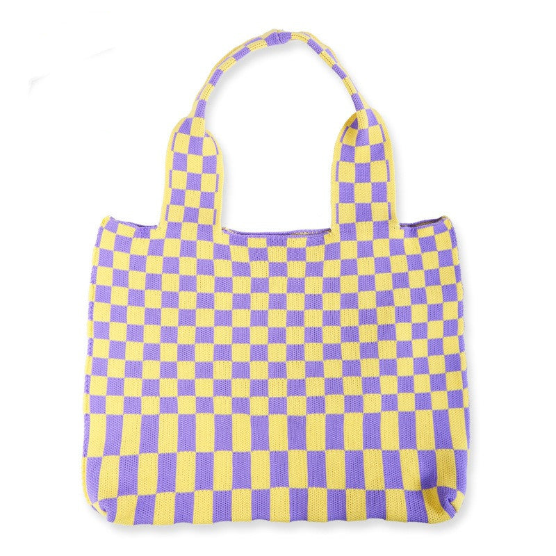 Women's Simple Checkerboard Shoulder Knitted Bag Large Capacity