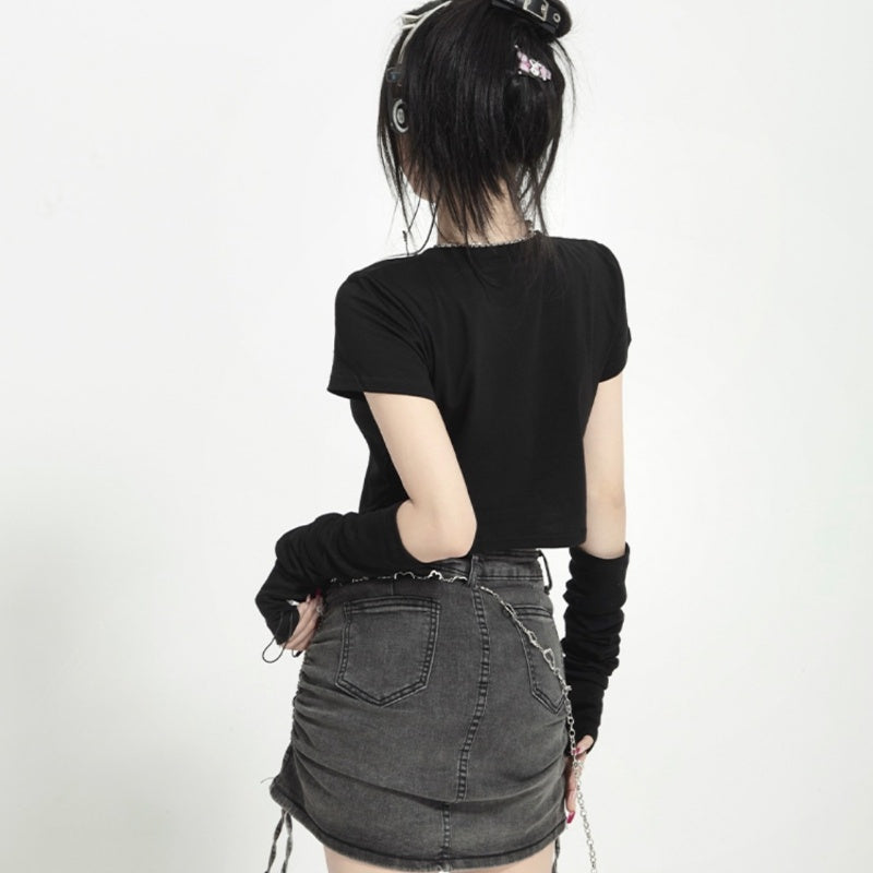 Black Short T-shirt Female Summer Hollow Out Midriff-baring Short Sleeve
