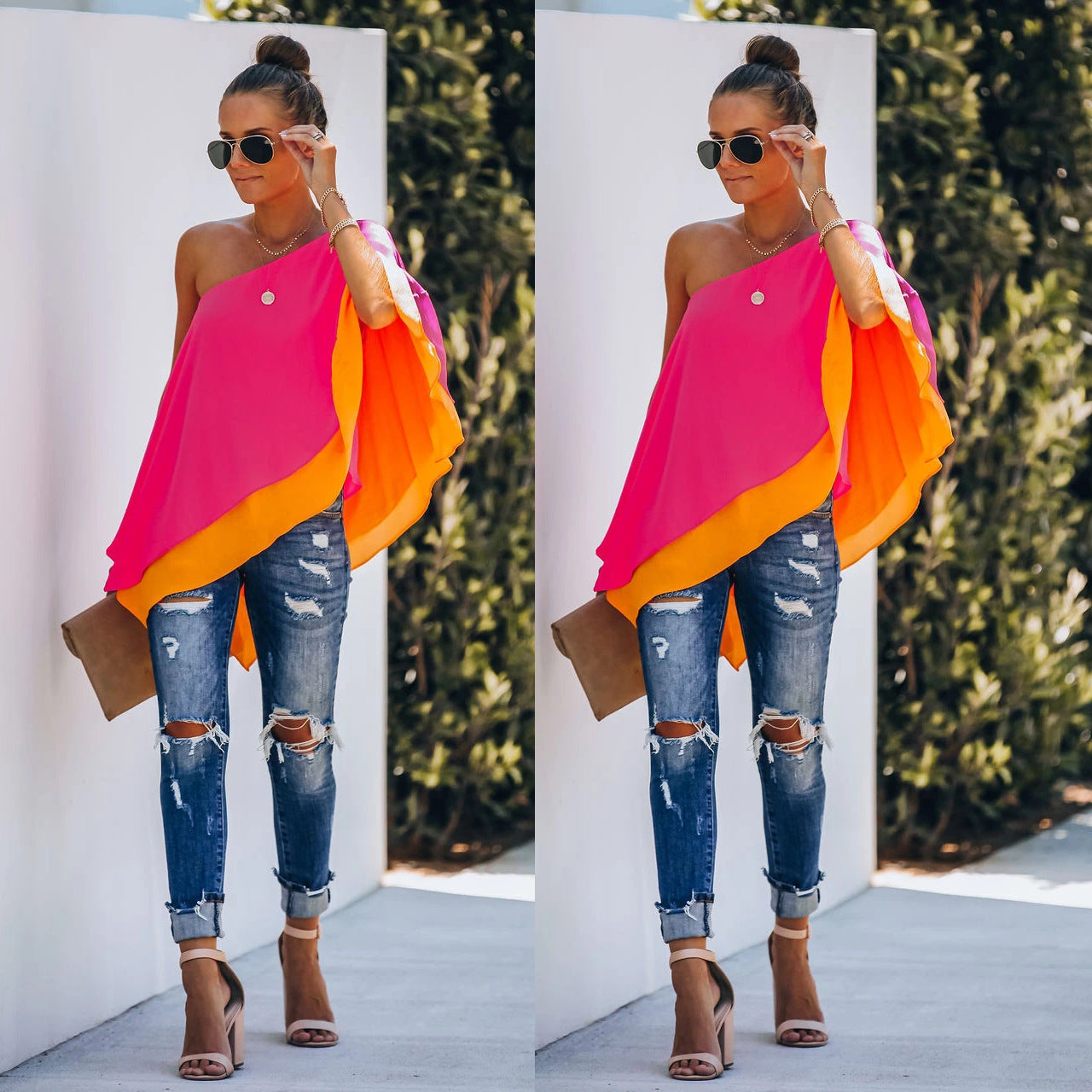 Ny Europæisk Dame Flere Lag Off-shoulder Top Personlig T-shirt