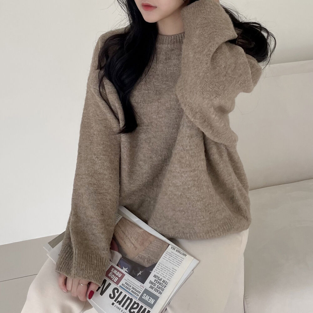 Korean Style Sweater Idle Style Casual Loose Solid Color Round Neck Sweater