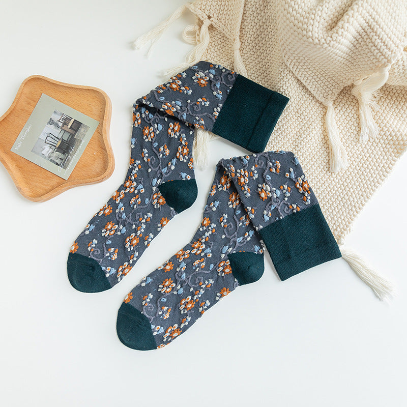 Women's Autumn And Winter Combed Cotton Floral Long Tube Socks