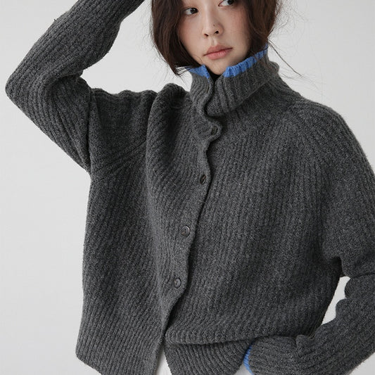 Color Blocking Collar Single Breasted Wool Knitted Cardigan Jacket