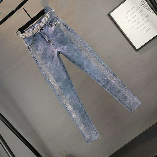 Fashion Stretch Thin Jeans With Hot Rhinestones