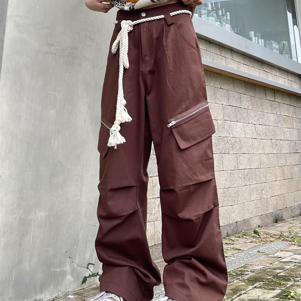 Guochao Large Pocket Retro Casual Zipper Pants