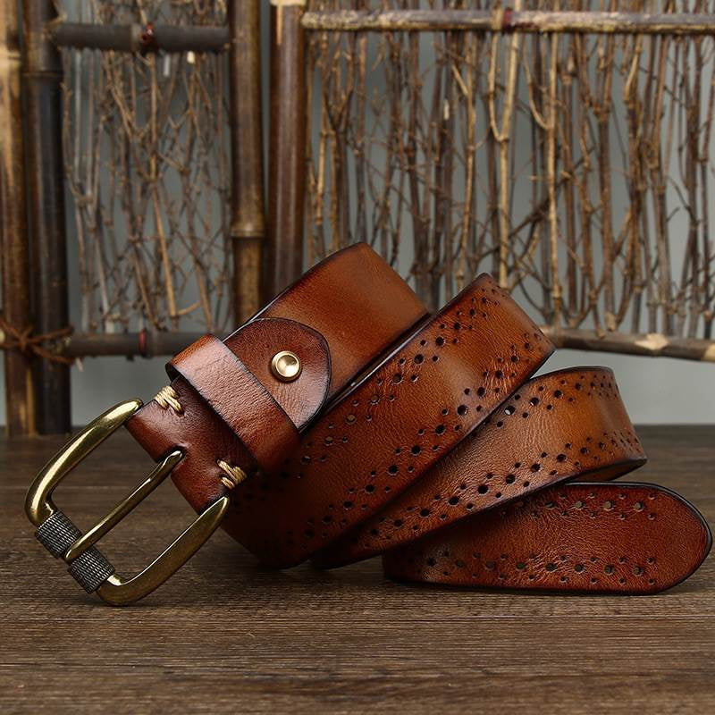 Handmade Retro Chino-style Belt With A Top-layer Cowhide Hollowed-out Design And A Casual Zinc-alloy Buckle For Denim
