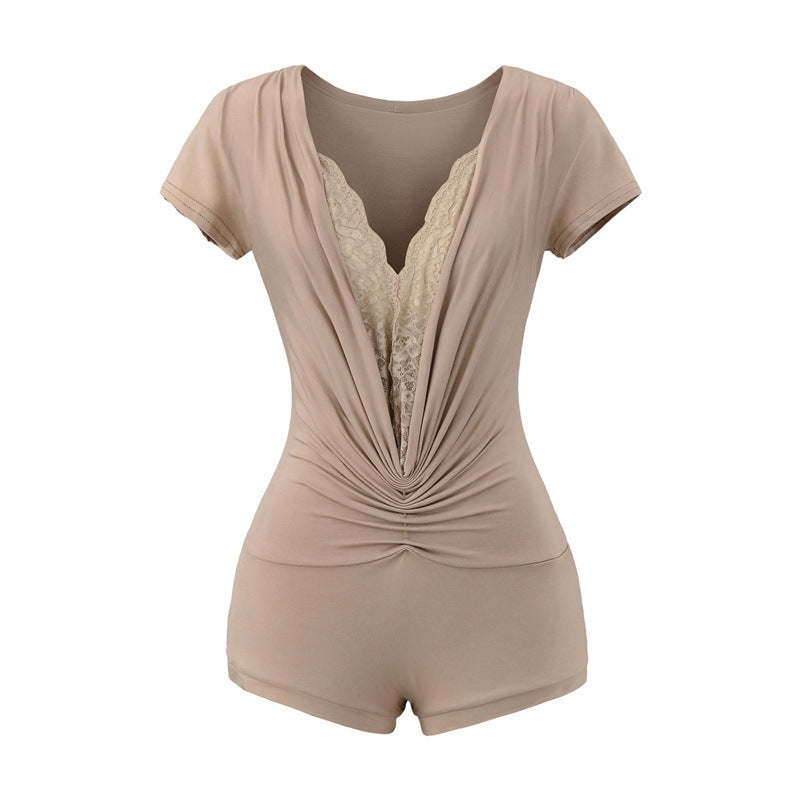 Pure Desire Style Lace Stitching Deep V Jumpsuit