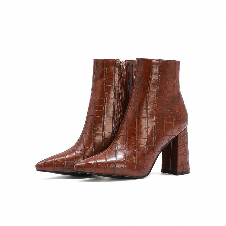 Stone Print Block Pointed Toe High Heel Boots