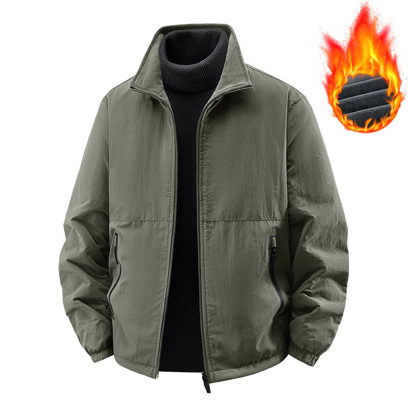 Fleece-lined Casual Jacket Coat Young And Middle-aged Stand Collar Loose Top