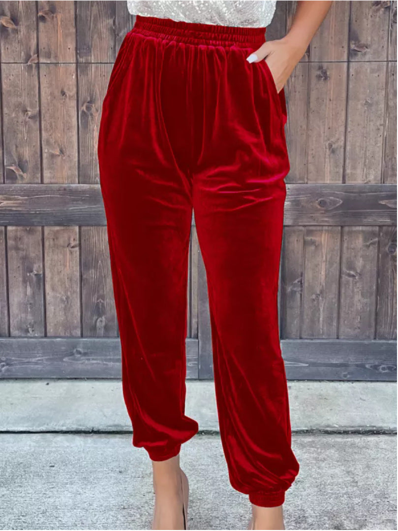 Women's Gold Velvet Trousers Straight Leg Elastic Waist Casual Pants