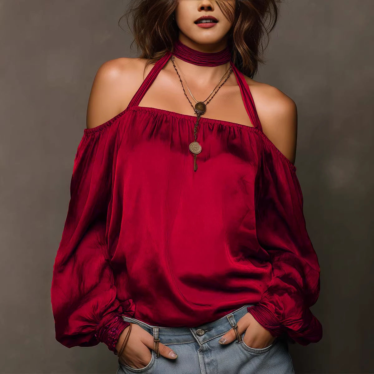 Womens Stylish Casual Off-shoulder Satin Top