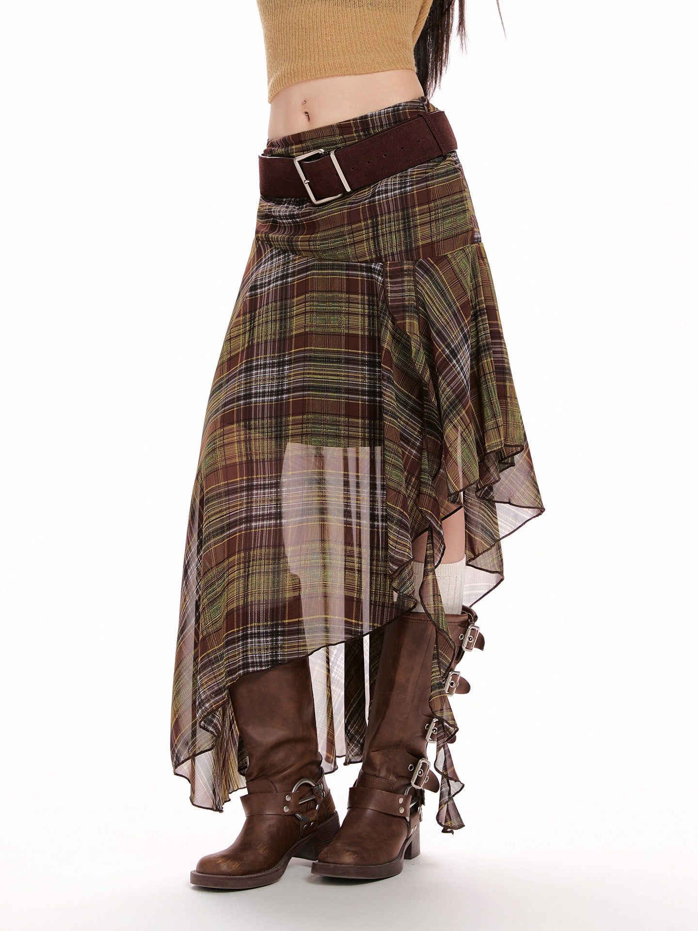Green Chiffon Plaid Asymmetrical Skirt