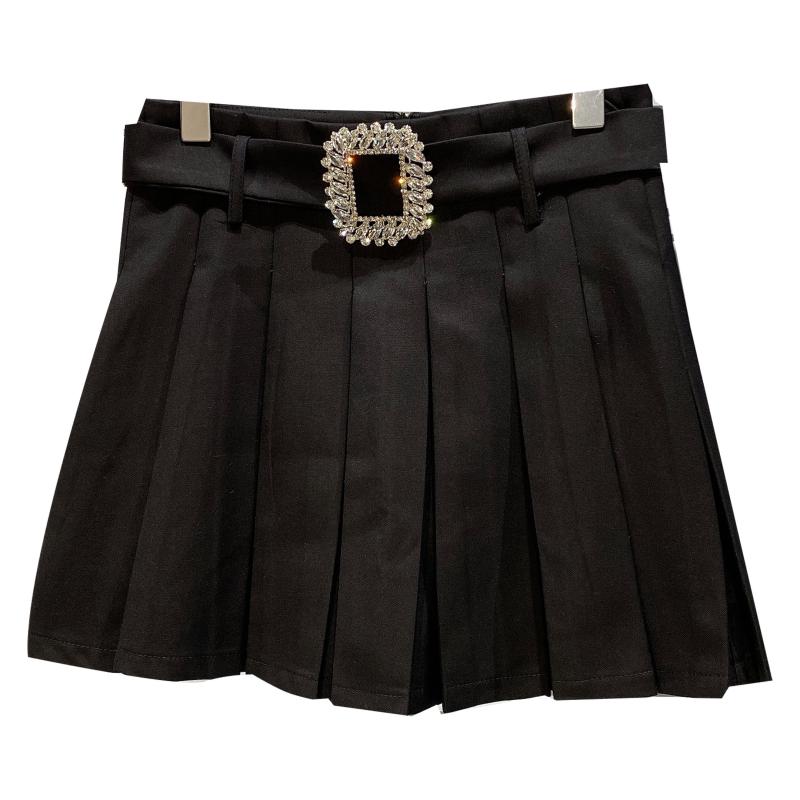 Square Rhinestone Waistband Design Anti Glare Pleated Skirt