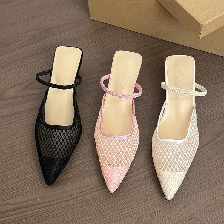 Women's Pink Mesh Pointed Toe Kitten Heel Mules, Breathable One Strap Closed Toe Slides, Fashion Low Heel Sandals For Office Daily Wear