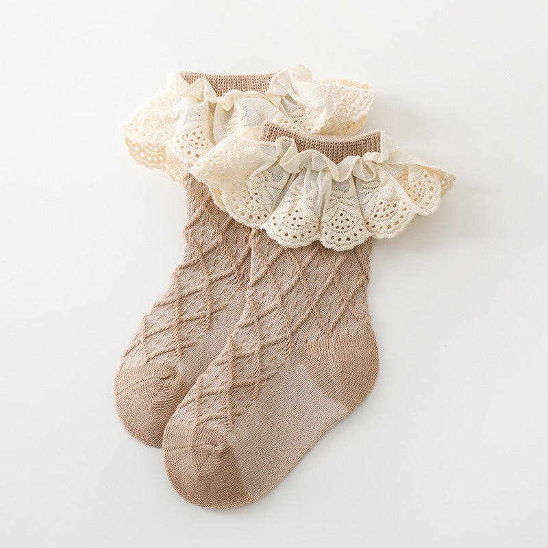 Korean Solid Lace Girls' Medium Tube Socks