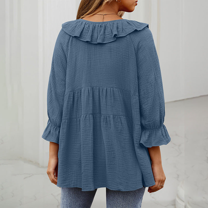 Round Neck Tied Front Dart Multi-layer Loose Waist Shirt