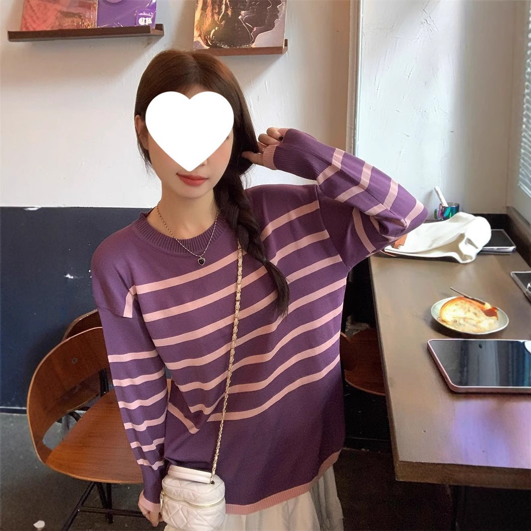 Idle Style Retro Striped Crew Neck Long Sleeves Knitwear