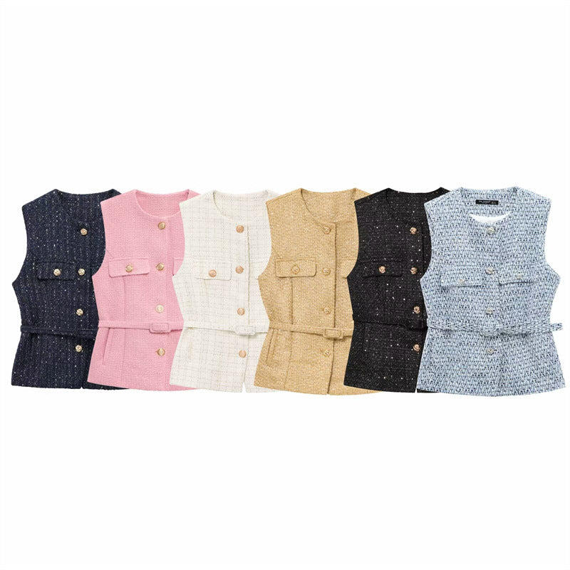 Women's Fashion Casual Sleeveless With Belt Texture Vest