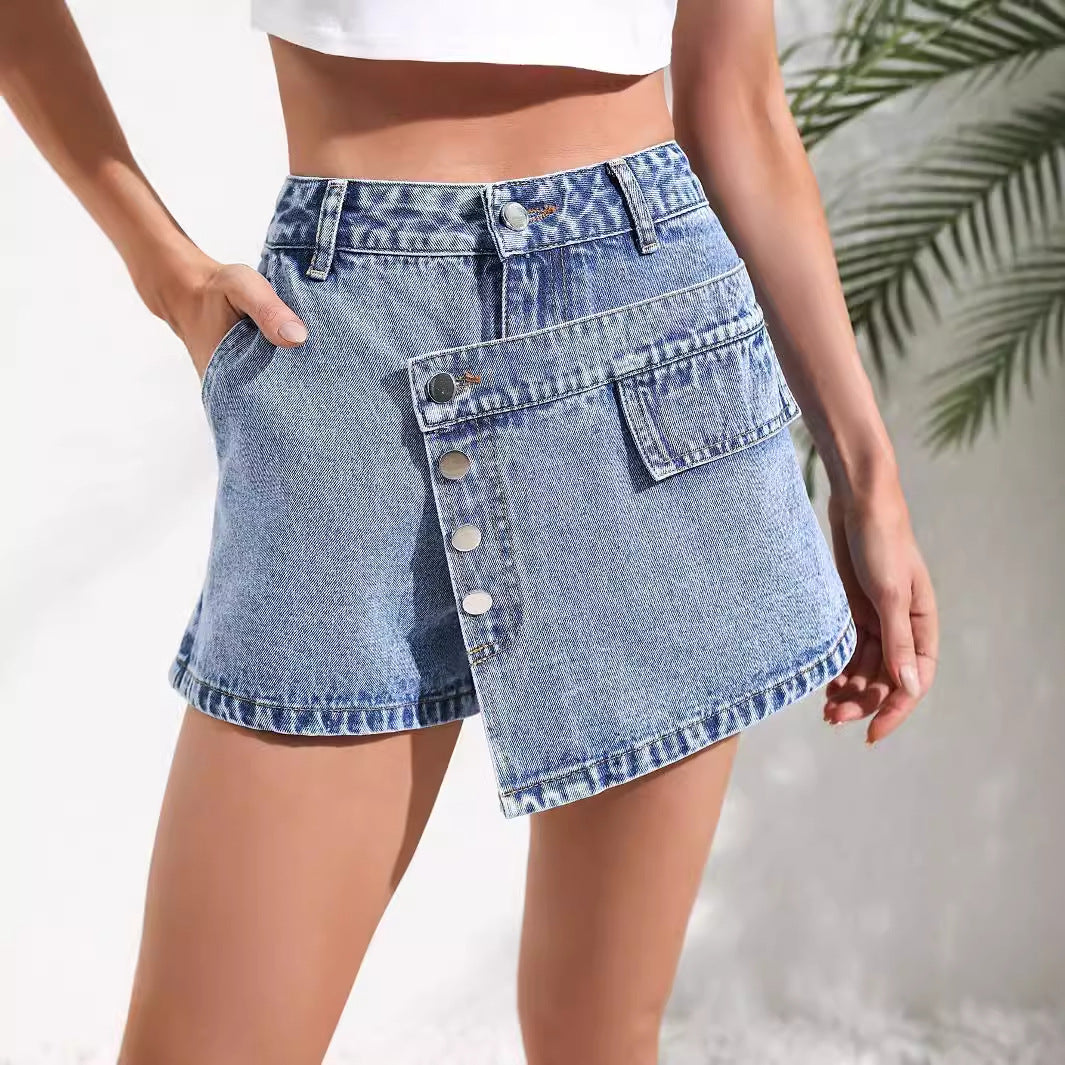 European And American-style Figure-flattering Asymmetrical Denim Skirt