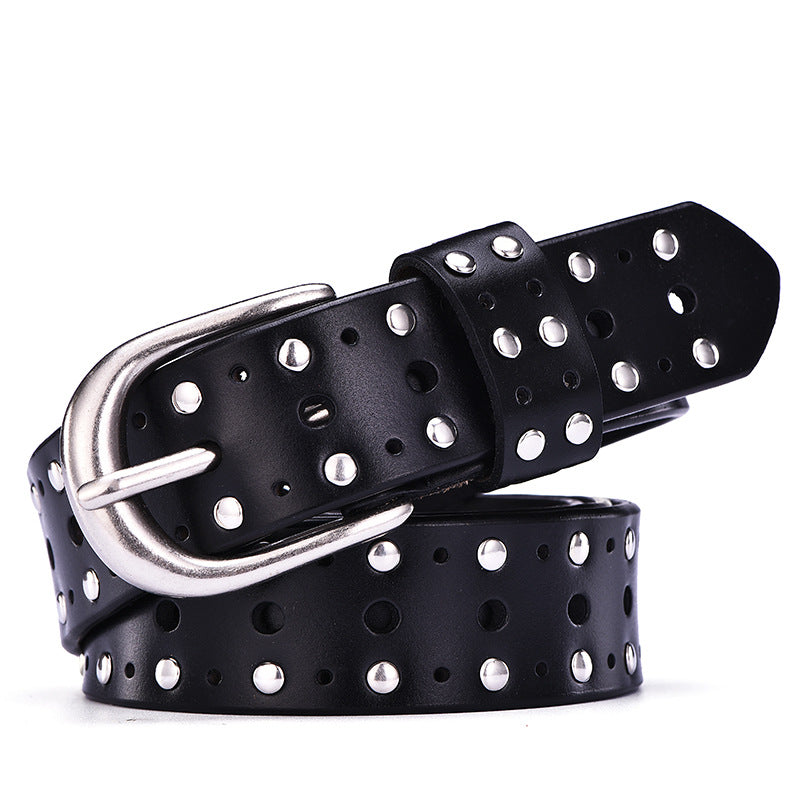 Women's Real Cowhide Trousers Belt With Punk Rivets European And American Style