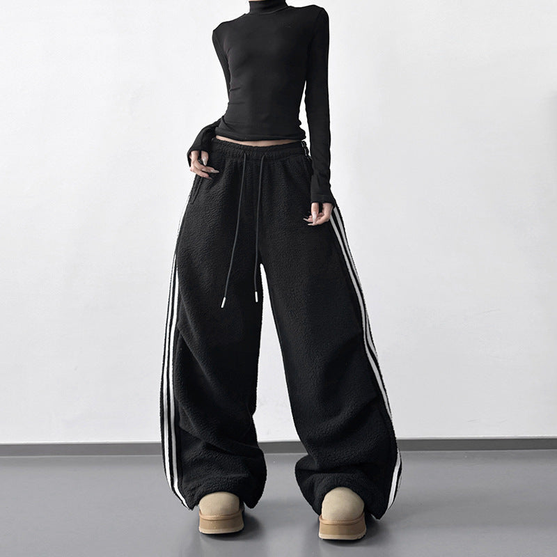 Black Fleece-Trimmed Casual Straight-Leg Track Pants With Three Stripes