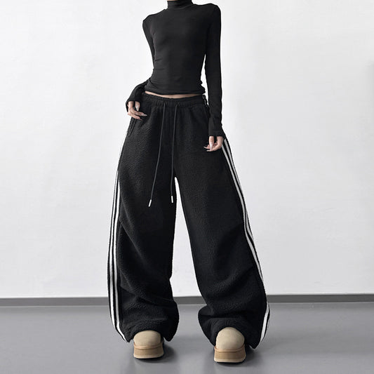 Black Fleece-Trimmed Casual Straight-Leg Track Pants With Three Stripes