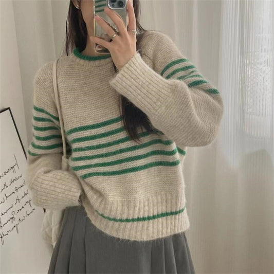 Autumn And Winter Korean Retro Contrast Color Stripes Idle Style Crew Neck Pullover Sweater