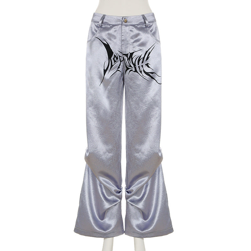 Satin Pleated Design-forward Printed High-waist Casual Pants