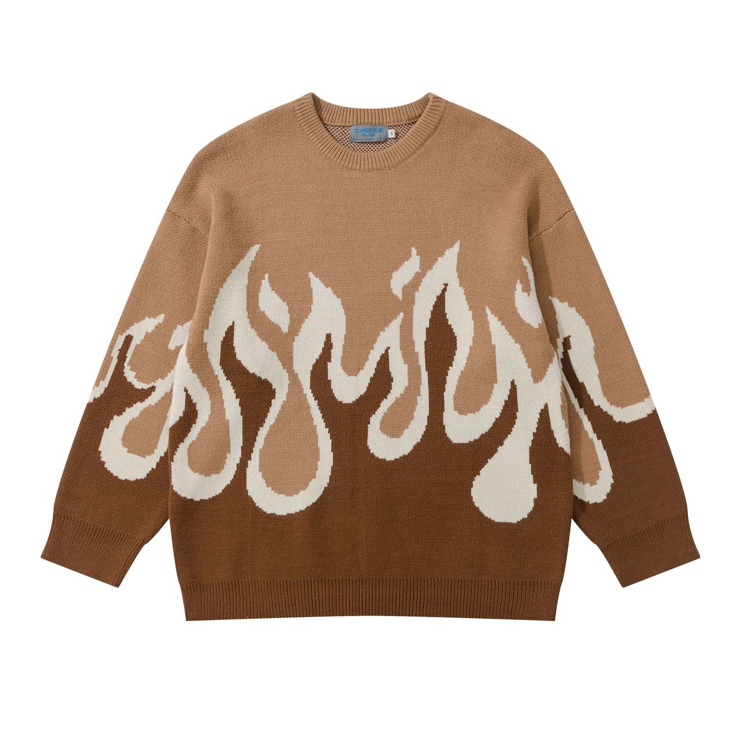 Jacquardstrikket trøje med flammerund hals Løs hiphop-casual sweater
