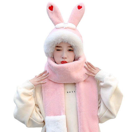 Cute Rabbit Ears Hat One Female Plush Bear Scarf Winter Warm Gloves Three-piece Set