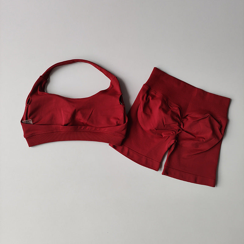 Silk Halter Bra And Peach-butt Shorts Yoga Set