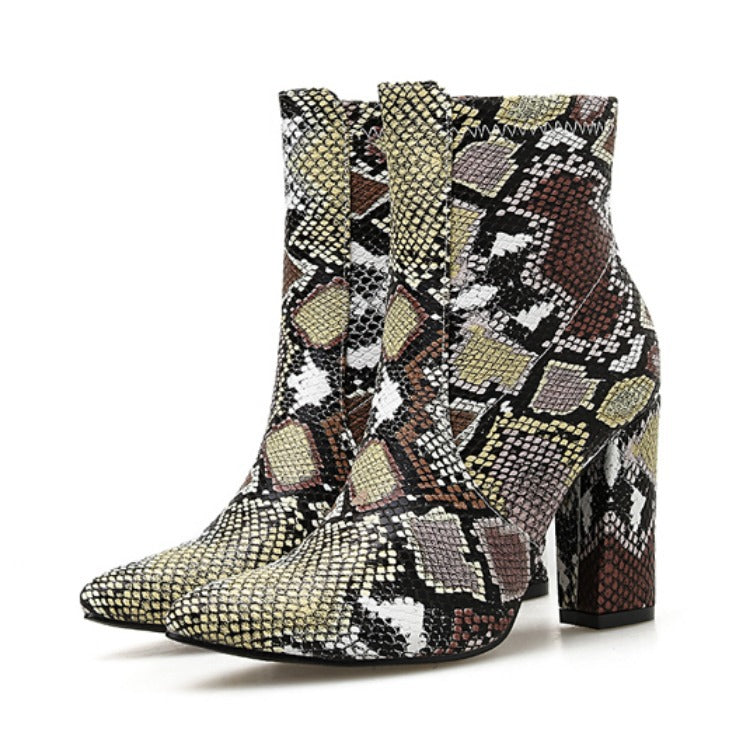 Snake Print Comfortable Fan Thick-heel Pointed High Heels