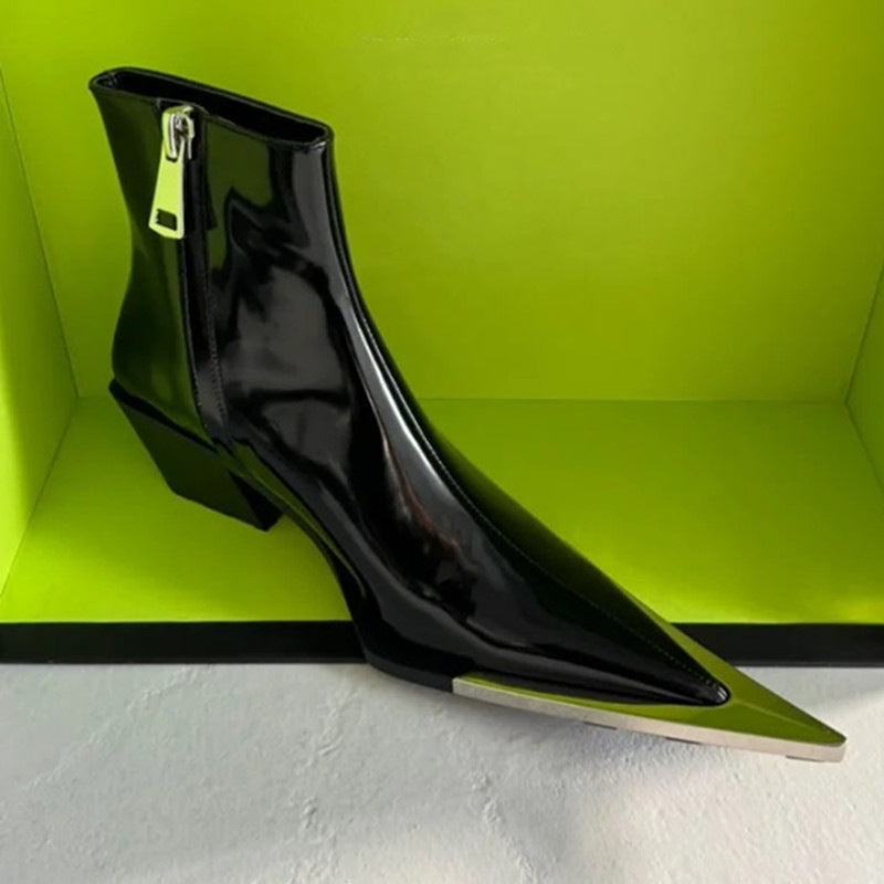 Chunky Heel Metal Toe High Heel Side Zipper Ankle Boots