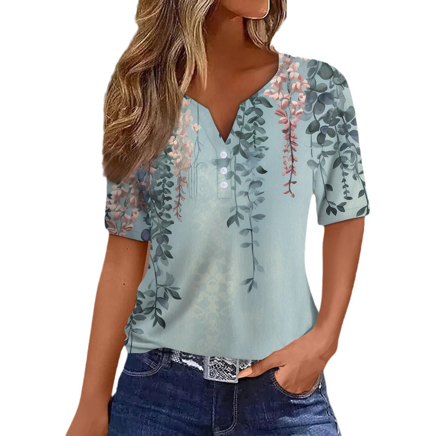 Women's Striped Gradient Flower Print Three-button V-neck Short Sleeve