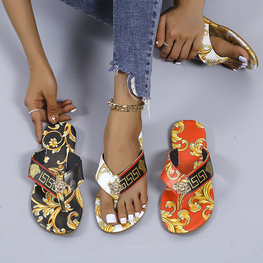 Women's Summer New Fashion Print Flip-flops Flat Slippers