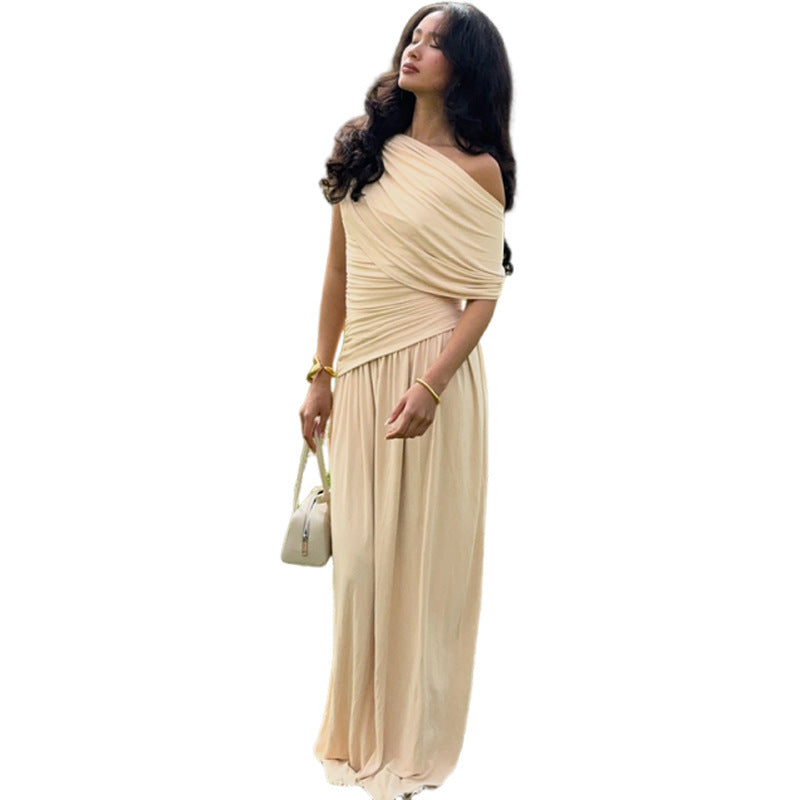 Elegant Off-the-Shoulder  Defined-Waist  Long  Solid-Colored Dress With A Slant Neckline