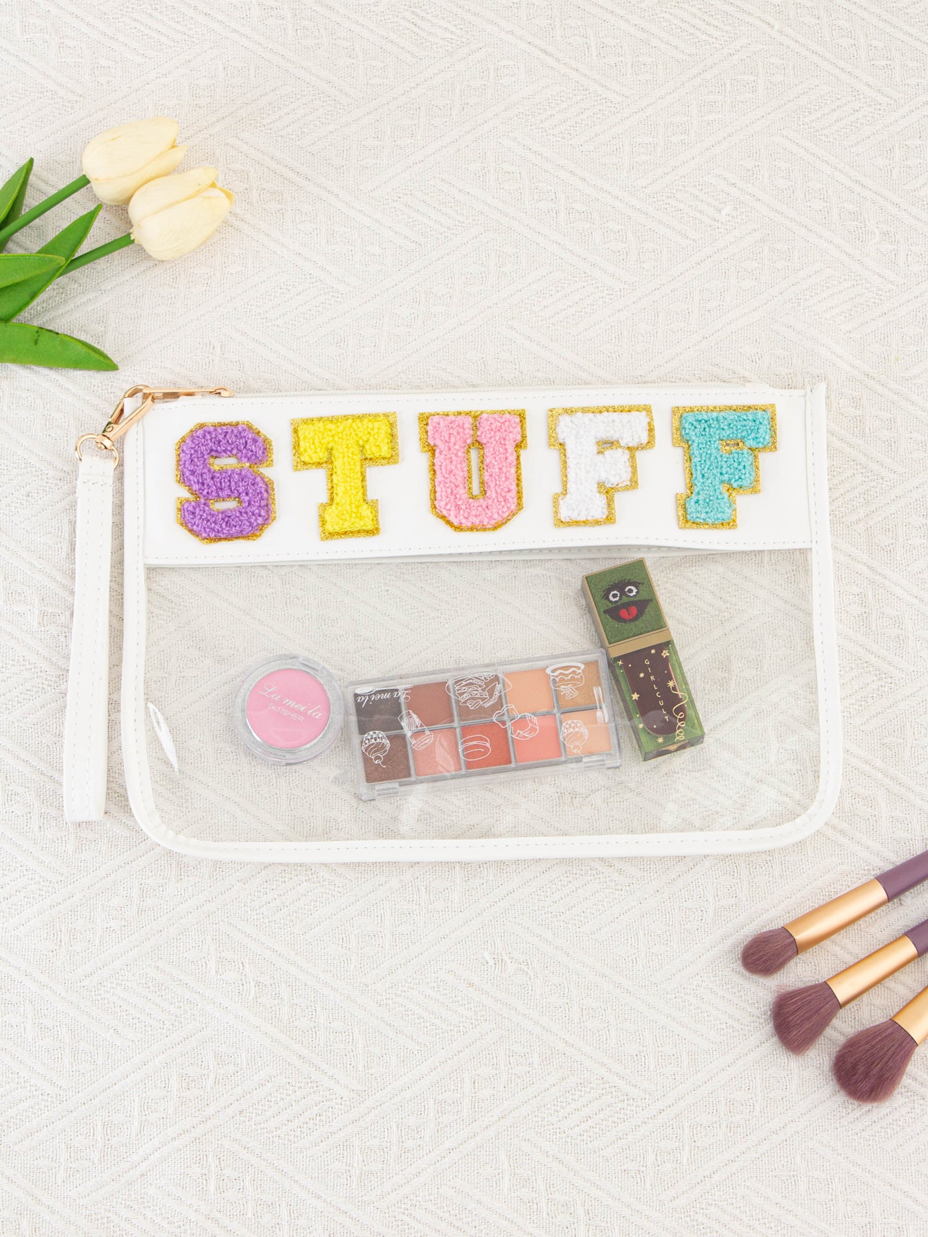 Snack Storage Bag Transparent Pvc Zipper Embroidery Lettered Make-up Bag