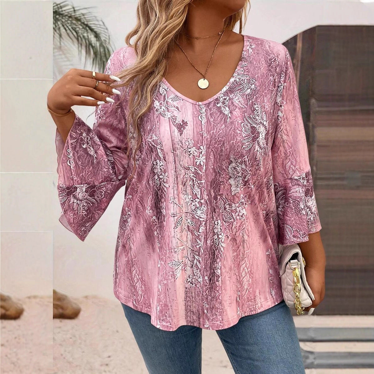 V-neck Long Sleeve Printed Women's Casual Top