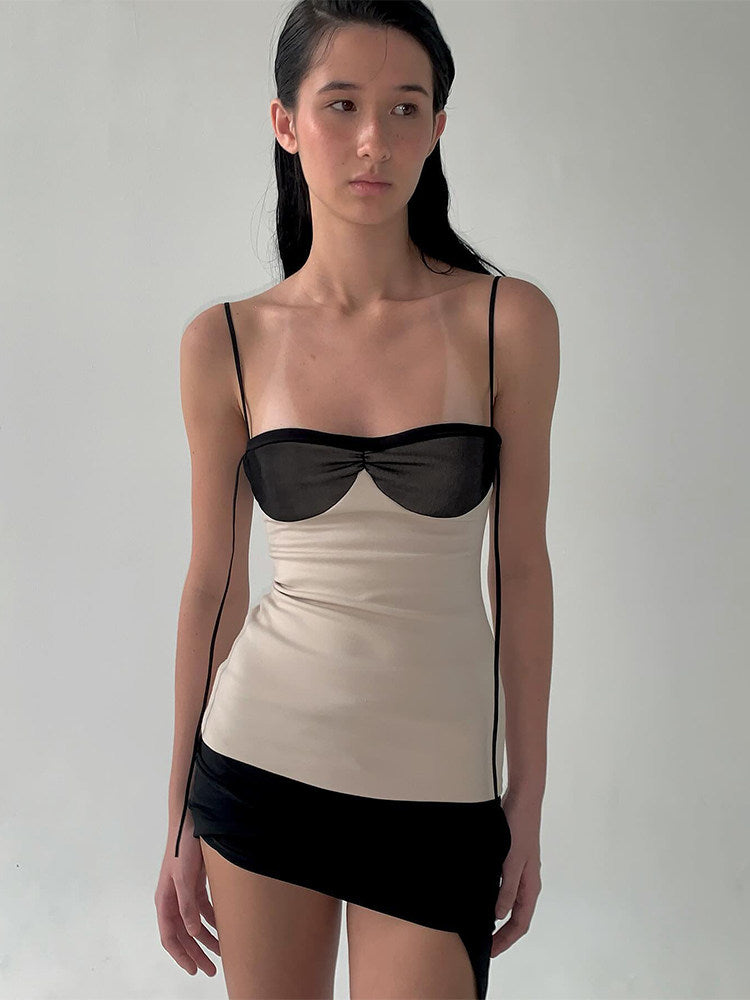 French Retro Color-Block Patchwork Camisole Skirt Slimming And Figure-Hugging