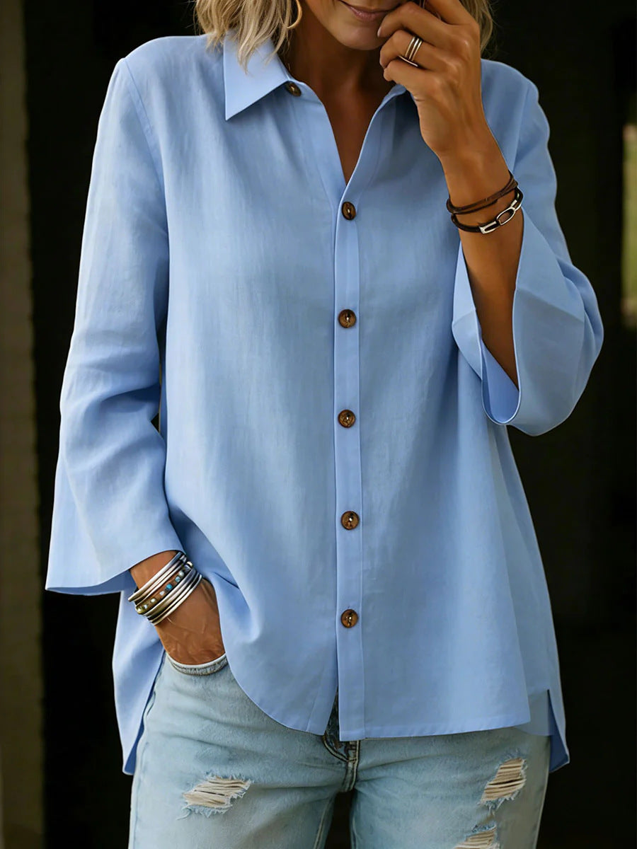 Single-breasted Solid-color Three-quarter-sleeve Womens Blouse