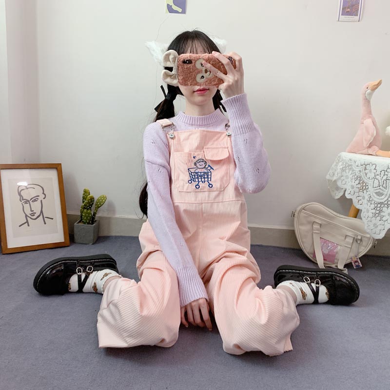 Korean Student Girl Corduroy Overalls Shopping Cart Embroidery Straight Leg Casual Trousers Women