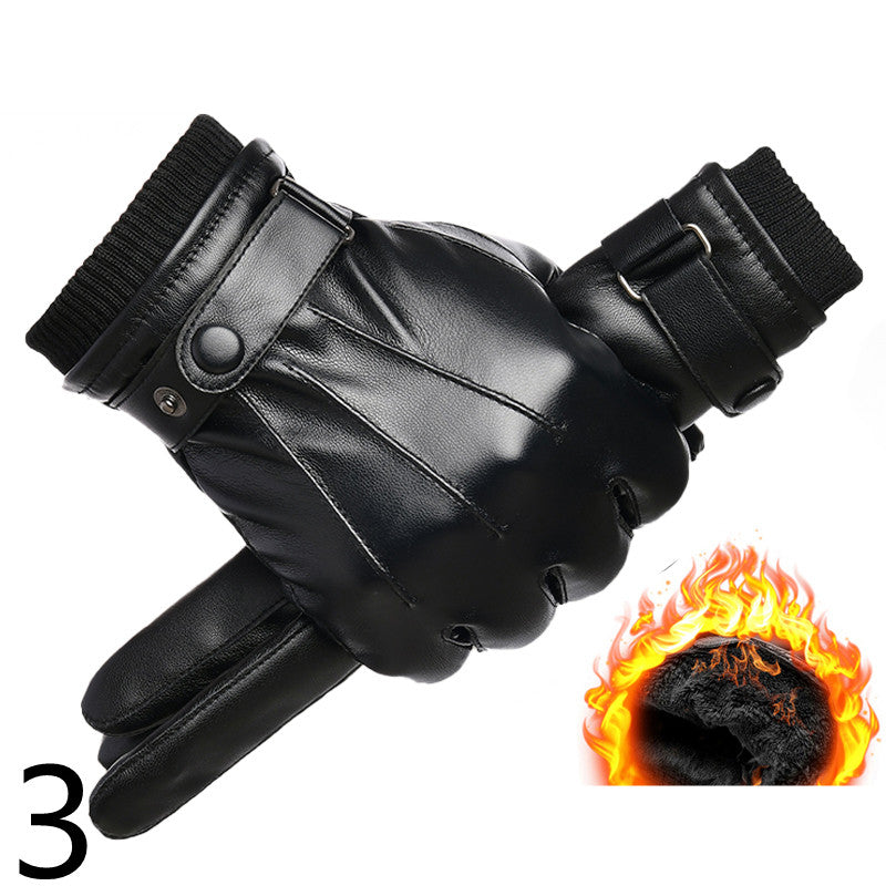 Men's Winter Riding Plus Velvet Thick Windproof Leather Gloves