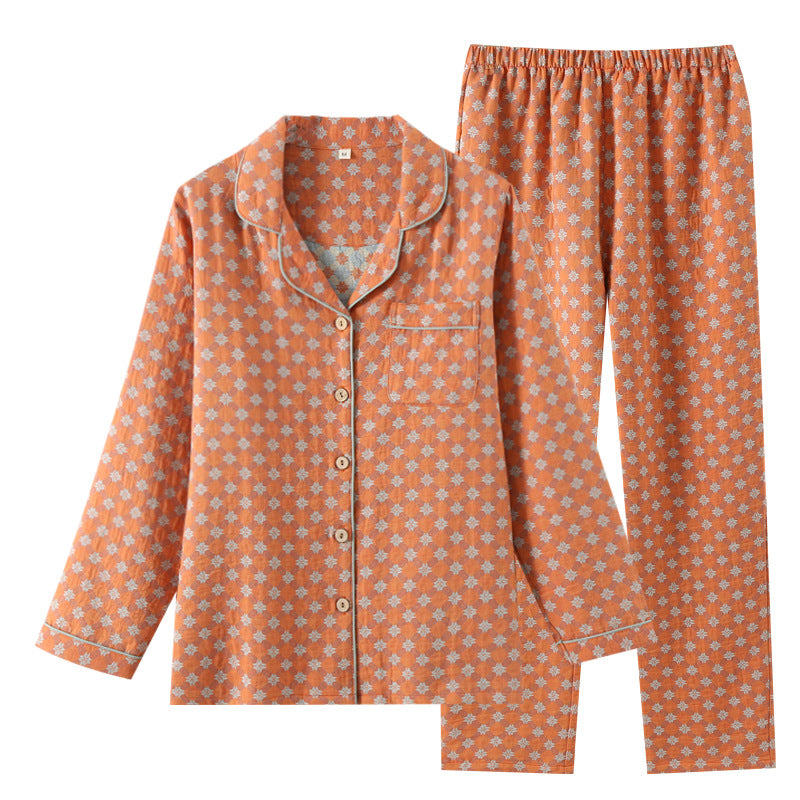 Womens Double-Layer Yarn-Dyed Cotton Long-Sleeve Top And Pants Set