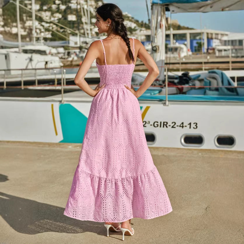 V-neck Slip Waist-Cinching A-Line Embroidered Hollow-Out Floral Dress