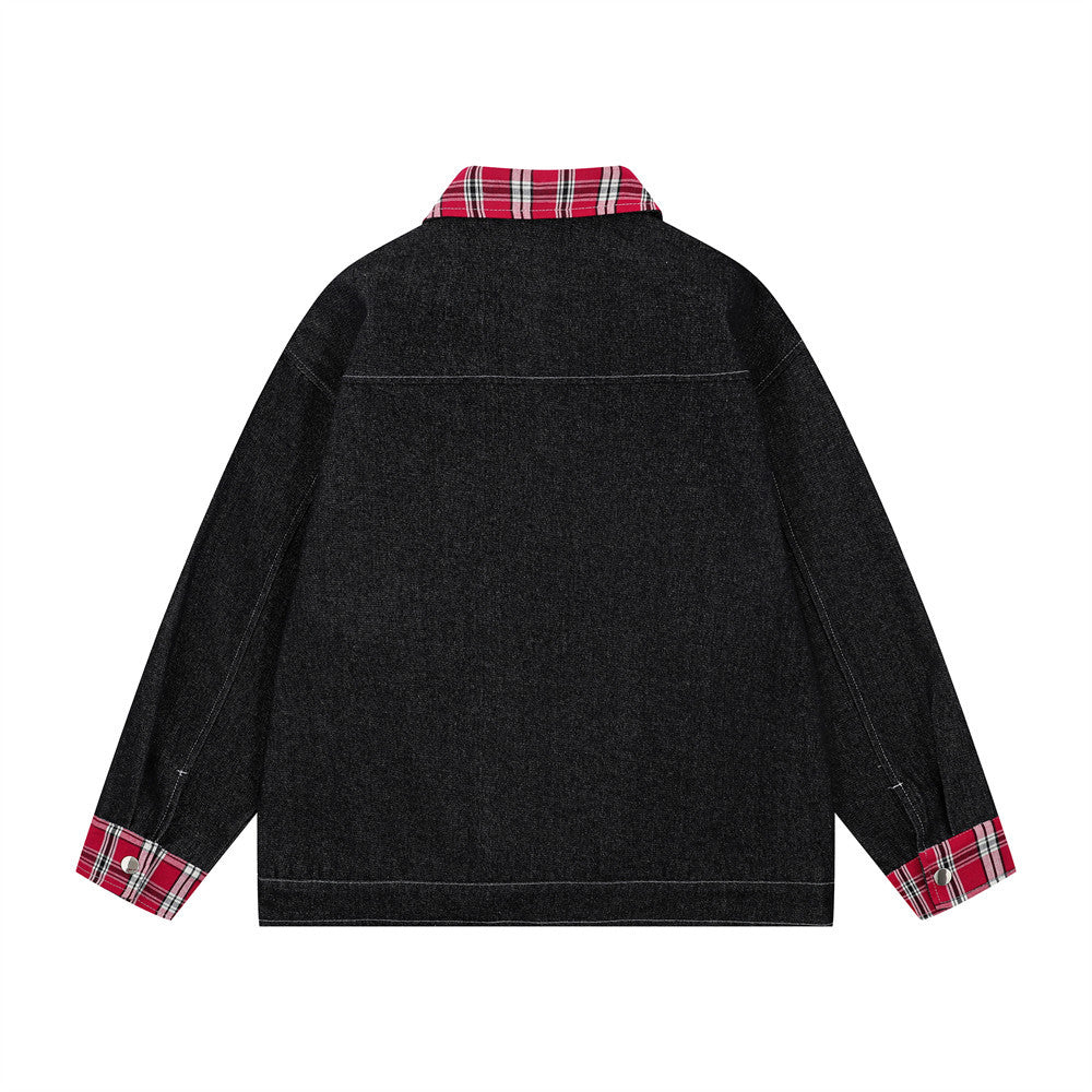 Funny Puppy Paste Cloth Embroidery Denim Contrast Color Patchwork Plaid Lapel Baggy Coat Men