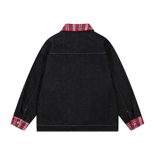 Funny Puppy Paste Cloth Embroidery Denim Contrast Color Patchwork Plaid Lapel Baggy Coat Men