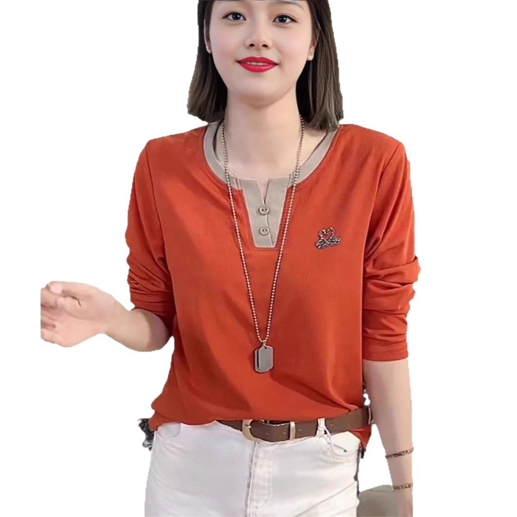 Women's Long-sleeved T-shirt V-neck Bottoming Shirt Hot Rhinestone Casual Top