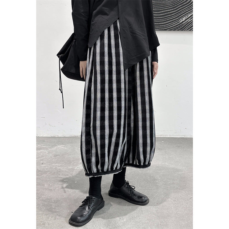 Elastic Waist Loose Stripe Dark Grid Contrast Lantern Wide Leg Casual Pants For Women