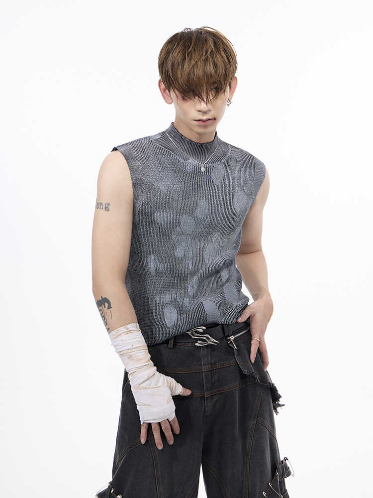 Silver Pastebrushing Wool Vest Men's Stretch Turtleneck Sleeveless T-shirt