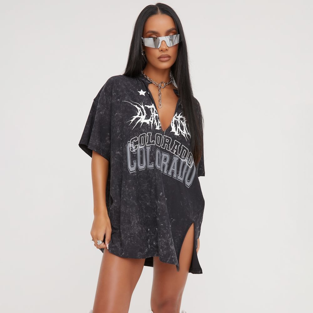American Street Retro Style V-neck T-shirt Slit Loose Short Sleeve